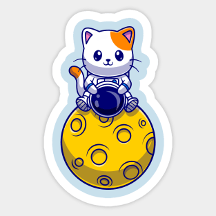 Cute Astronaut Cat Sitting On Moon Cartoon Sticker